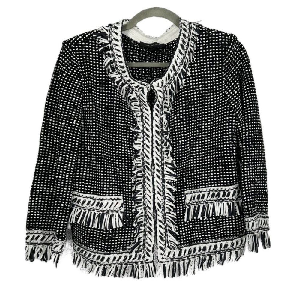 St. John Nita Wool Blend Fringe Tweed 3/4 Sleeve Blazer Jacket